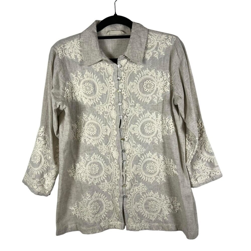 Soft surroundings shirt womens PS tan embroidered linen tunic coastal minimalist